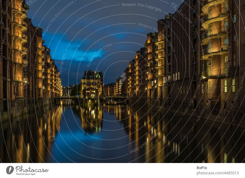 Blue hour in Hamburg's Speicherstadt. storehouse city Harbour Depot Channel urban Elbe Bridge Building Architecture River Night Light Low tide canal locks Trade