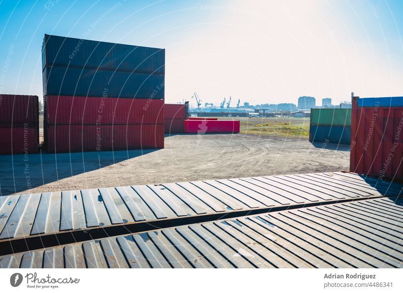 Stack of Containers Cargo Ship. Cargo Freight Shipping of Container Logistics Industry. Nautical Transport Distribution Yard, Business Commercial Dock and Transportation.