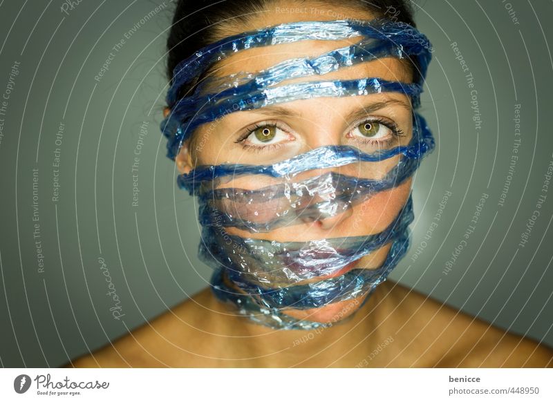 Captured by Social Media Woman Human being Portrait photograph facebook social media twitter Data protection Liberate String Rope Close-up Blue Network