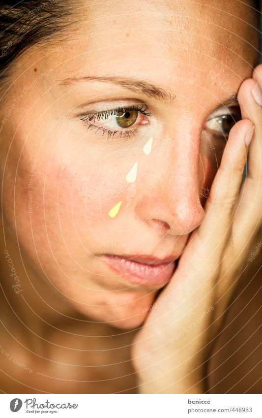 fake tears Woman Human being Tears Cry Placed Paper Feminine Close-up Workshop Studio shot Grief Sadness Hopelessness Gloomy Beautiful Beauty Photography Face