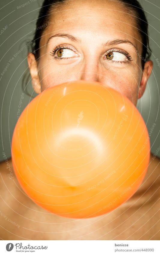 balloon Woman Human being Balloon Orange Blow Party Birthday Air Grimace Joy Feminine European Youth (Young adults) Young woman Close-up Chewing gum Round