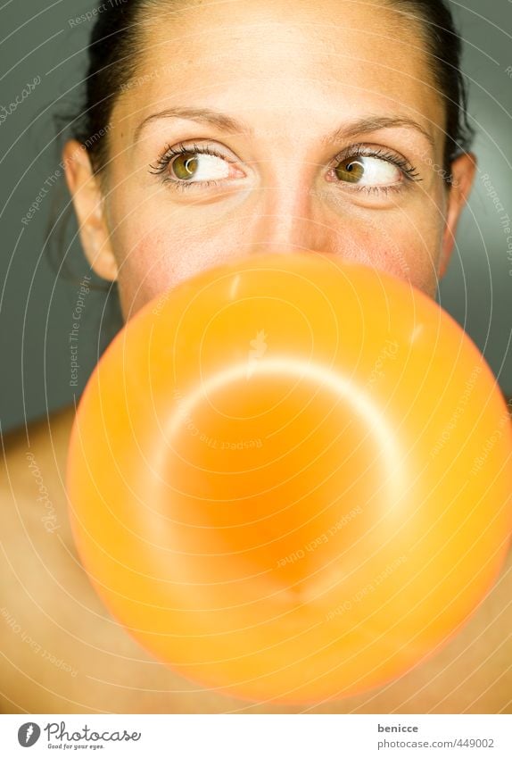 balloon Woman Human being Balloon Orange Blow Party Birthday Air Grimace Joy European Youth (Young adults) Young woman Close-up Chewing gum Round