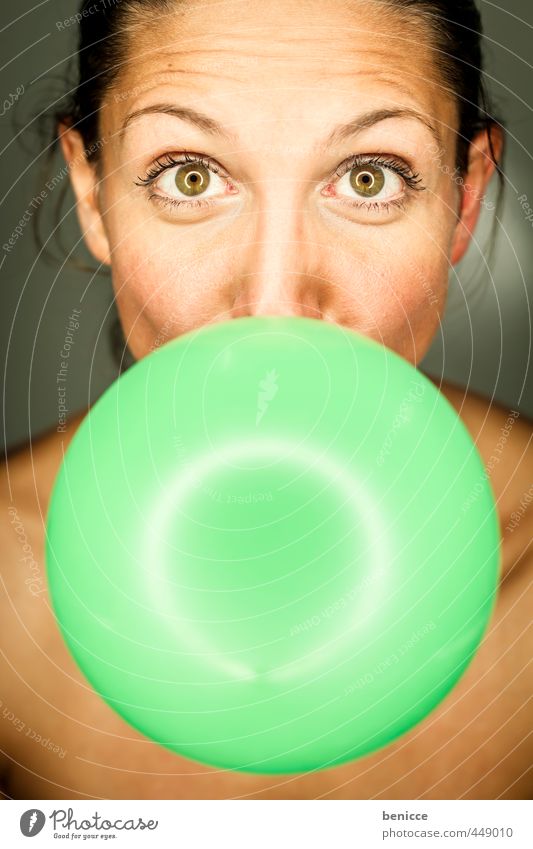 balloon Woman Balloon Green Human being Funny Humor Birthday Blow Portrait photograph Round Looking into the camera Studio shot Close-up Wrinkle Furrowed brow