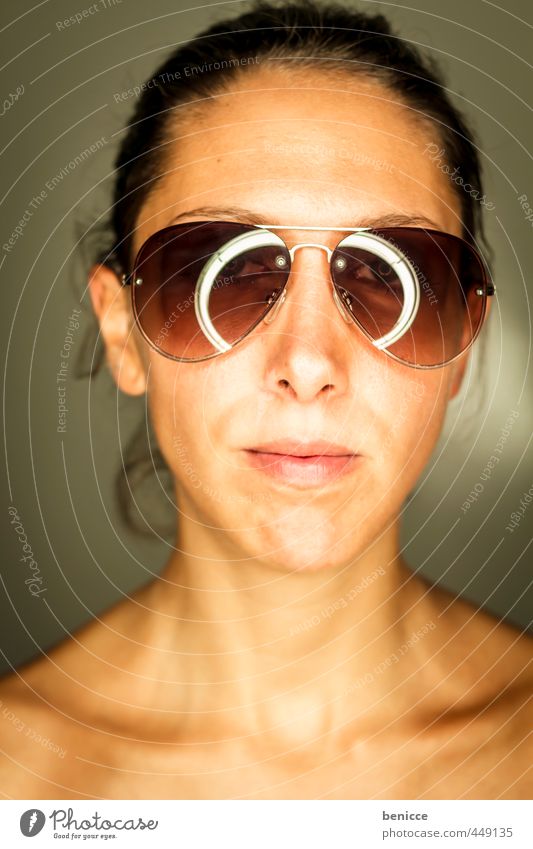 sunglasses Woman Human being Portrait photograph Sunglasses Close-up Looking into the camera Workshop Studio shot ring flash Weather protection Dark-haired