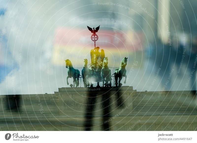 Demo at the Brandenburg Gate Berlin Germany Double exposure Tourist Attraction Landmark Pariser Platz Quadriga Demonstration German flag Silhouette Human being