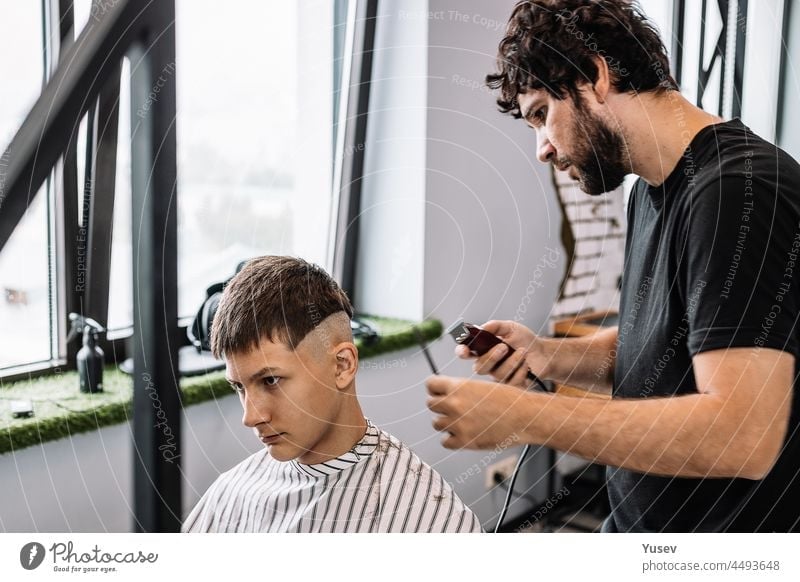 Stylish barber makes a fashionable haircut for a young guy. Professional mens shaving and haircut in a barbershop or a hair salon. Hair care professional