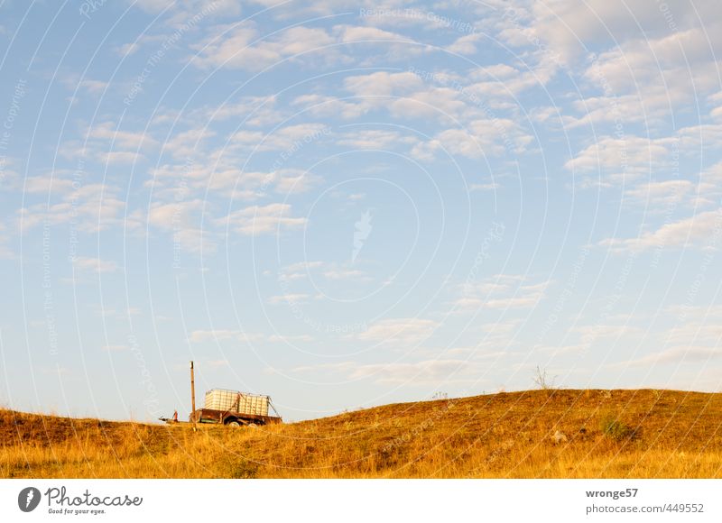 water wagon Landscape Sky Clouds Horizon Beautiful weather Grass Meadow Hill Trailer Blue Brown Sky blue Carriage Water container Tank Dawn Colour photo