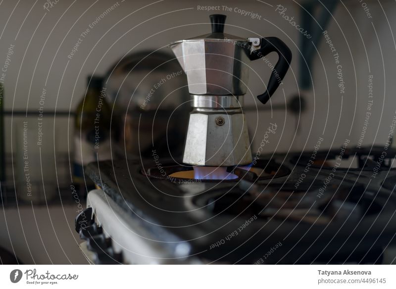 Moka Coffee Maker Pot On Gas Stove. Stock Photo, Picture and