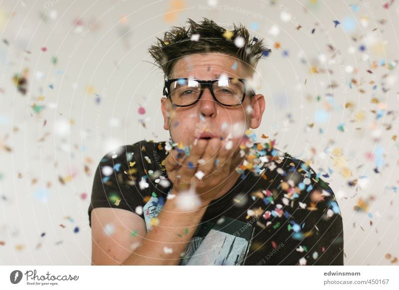 Confetti Party Joy Feasts & Celebrations Masculine Man Adults 1 Human being 30 - 45 years Artist Eyeglasses Decoration Kitsch Odds and ends Playing Stand