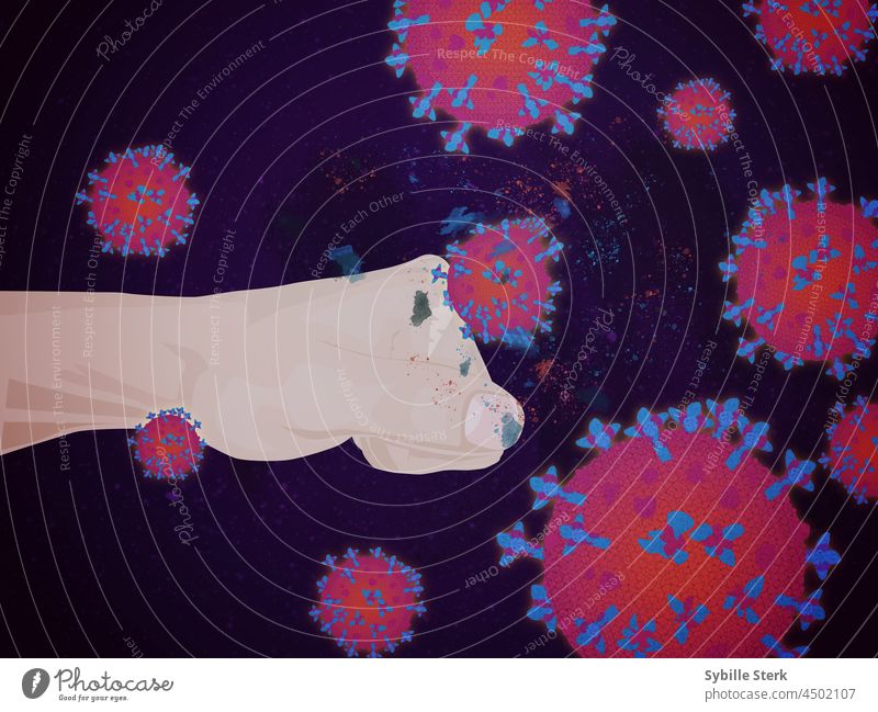Fist punching virus cells infection illness health bakteria fighting covid flu influenza cold protection medication healing resisting concept conceputal