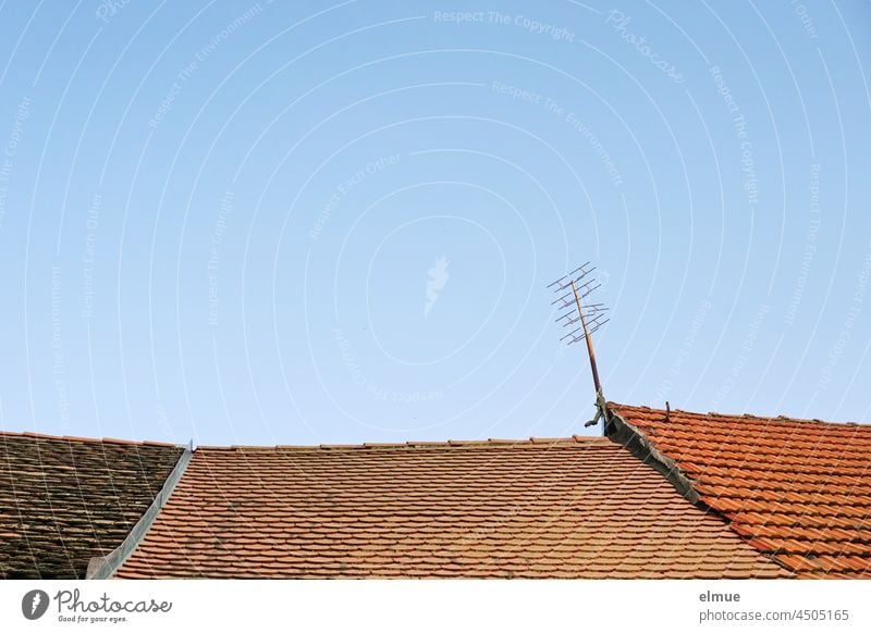 old tiled roofs of three row houses with a crooked old house antenna in front of a blue sky Roof Tiled roof Town house (Terraced house) Antenna Domestic antenna