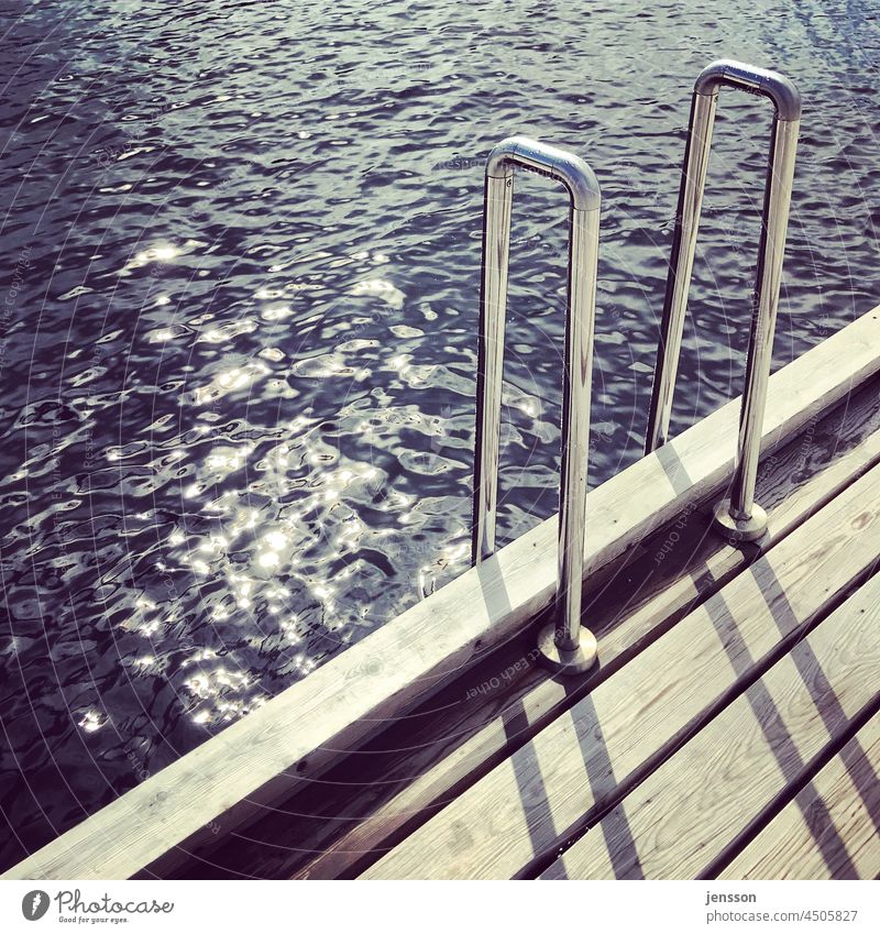 Swimming ladder on a wooden jetty swimming ladder Metal Chrome Glittering metallic Appealing Water Wood Weathered weathered wood Rust rusty bathe