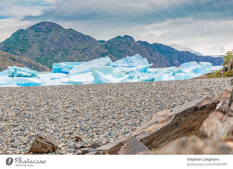 Panoramic image over Lago Grey with icebergs in Torres del Paine National Park in Patagonia in summer patagonia mountain chile nature travel south america