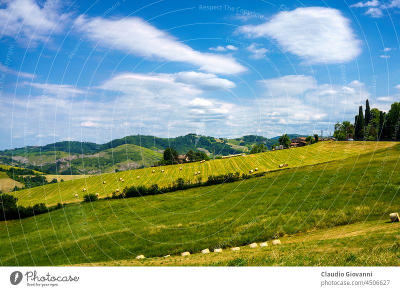 Rural landscape along the road from Sassuolo to Serramazzoni, Emilia-Romagna. Europe Italy Modena agriculture bale calanques country exterior farm field green