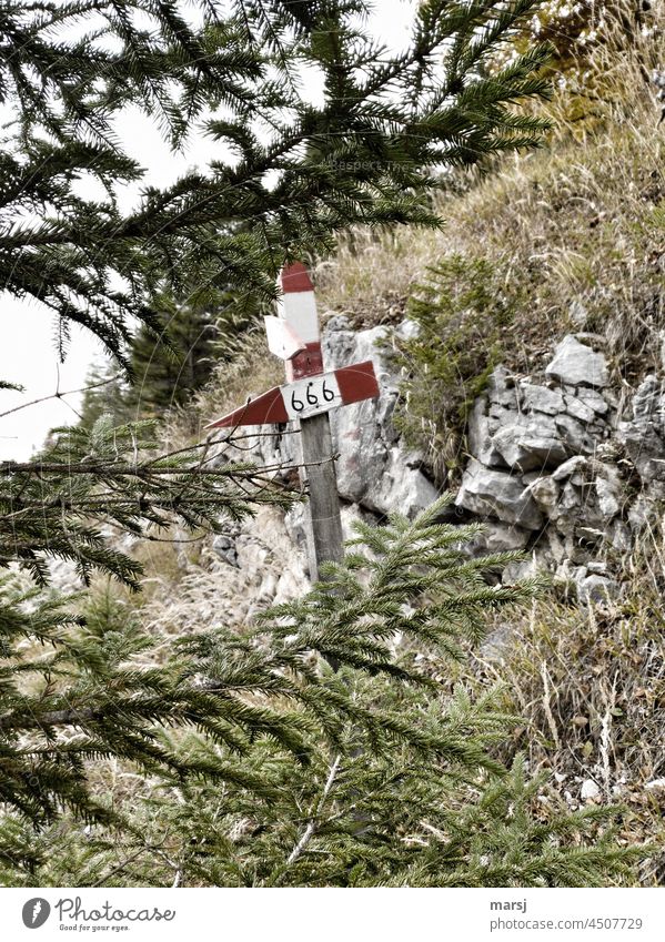 Signs | 666 but in this case the number of a hiking trail Signs and labeling Digits and numbers Road marking Hiking Vacation & Travel Red-white-red Tourism