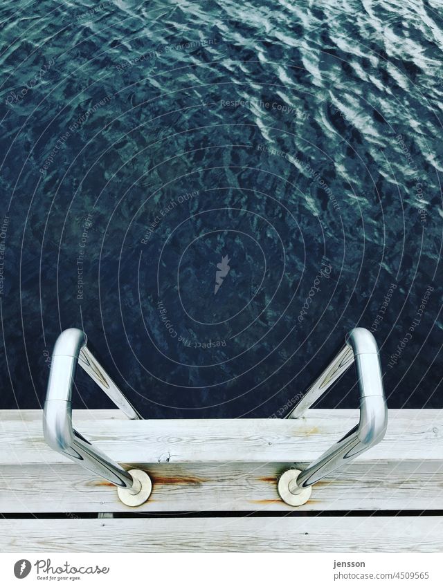 Swimming ladder on a wooden jetty swimming ladder Metal Chrome Glittering metallic Appealing Water Wood Weathered weathered wood Rust rusty bathe