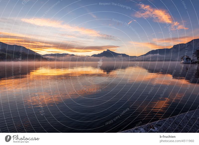 Morning idyll at the Mondsee, Salzkammergut, Austria Lake moon lake Mountain Water Lakeside Exterior shot Sky Colour photo Landscape Alps Idyll