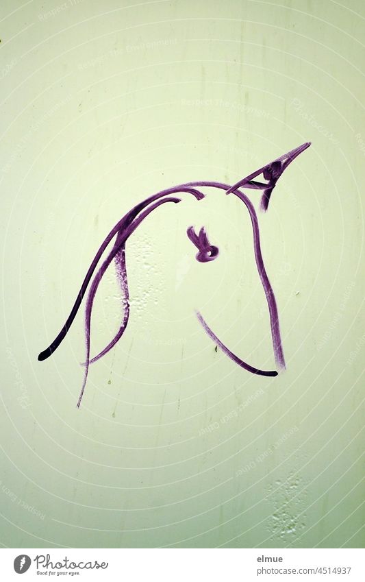 head of a unicorn drawn with purple paint on a metal surface / mythical creature / sketch unicortis Mythical creature spiritually symbolic power Purity