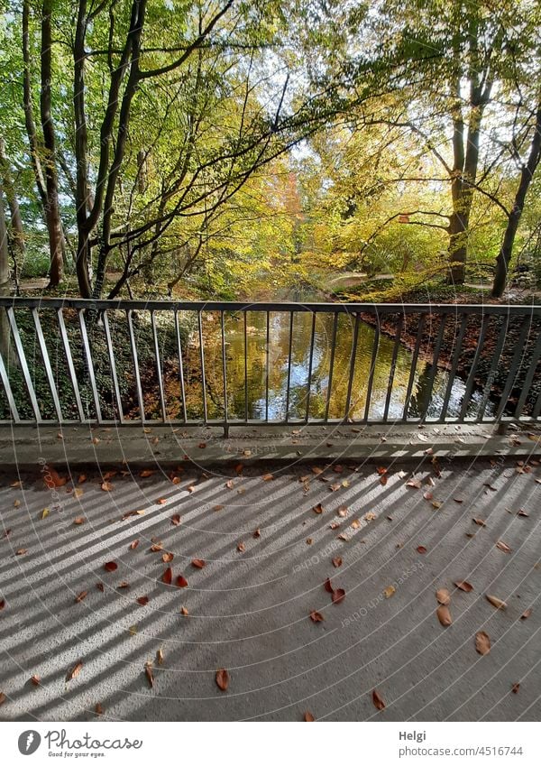 Autumn in the park - railing of a bridge casts shadows on the street on which foliage lies. Behind a small river with trees in autumn colouring and reflection in the water