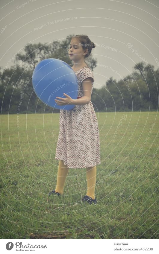 the blue balloon ... Child Girl Dress Arm Legs Hand Exterior shot Playing Meadow Grass Balloon Blue Retro