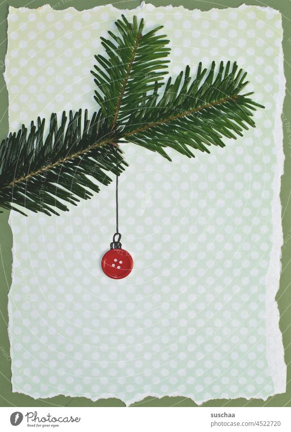 fir branch with button as christmas tree ball on torn paper Fir branch Christmas & Advent Decoration Christmas decoration Feasts & Celebrations Glitter Ball
