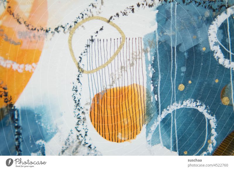 compostition with blue and orange Art Work of art Abstract background variegated Colour watercolours Blue Orange strokes points Circle Earmarked Painted