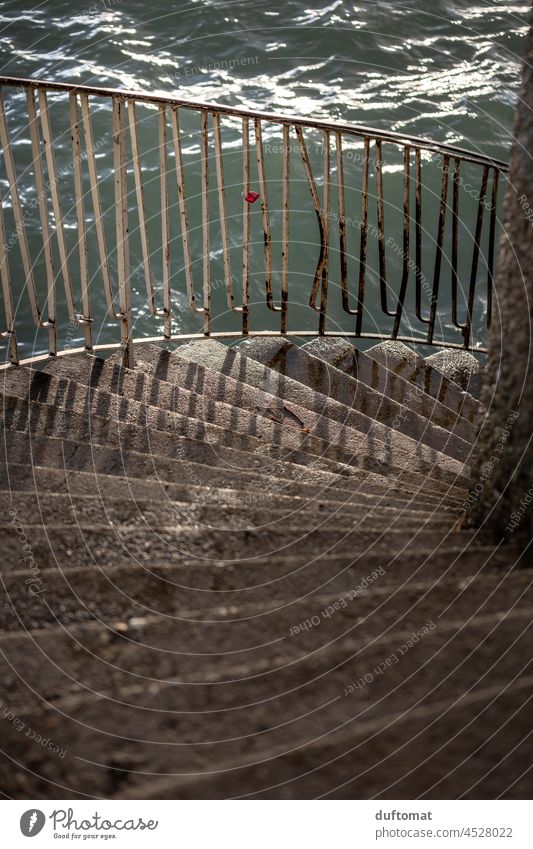 Steps with railings lead down to the water Stairs Stage stagger so much Lake Constance Architecture Banister Downward Landing Descent Waves Cold Wet be afloat