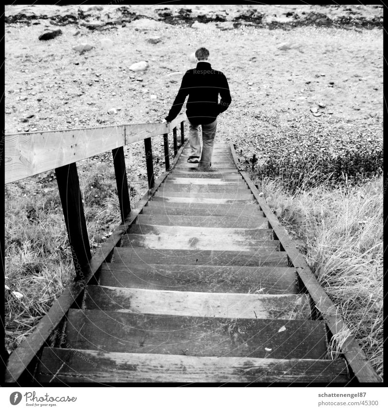 leaving Vacation & Travel 2 Beach Man Light Black White Gray scale value Island Denmark Stairs Loneliness Shadow Frame