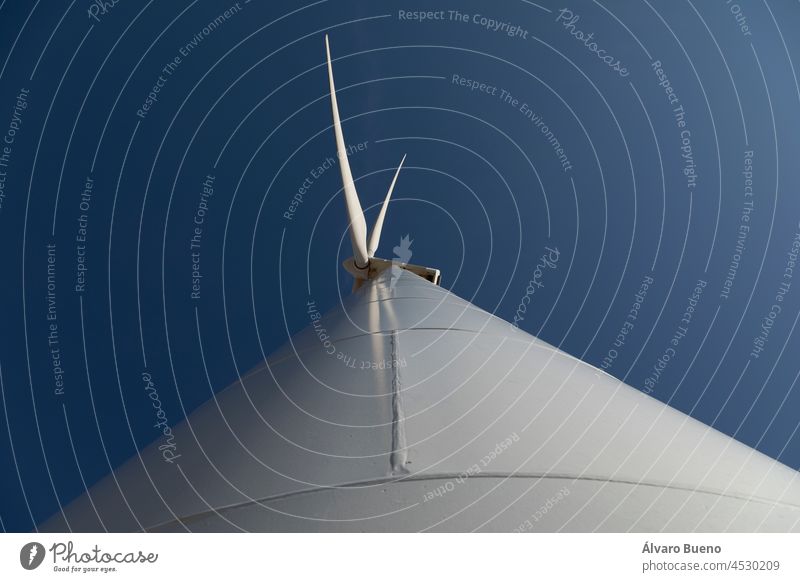 Wind turbine, producing renewable energy, in the municipality of Rueda de Jalon, Valdejalon region, Zaragoza province, Aragon, Spain close-up wind turbine