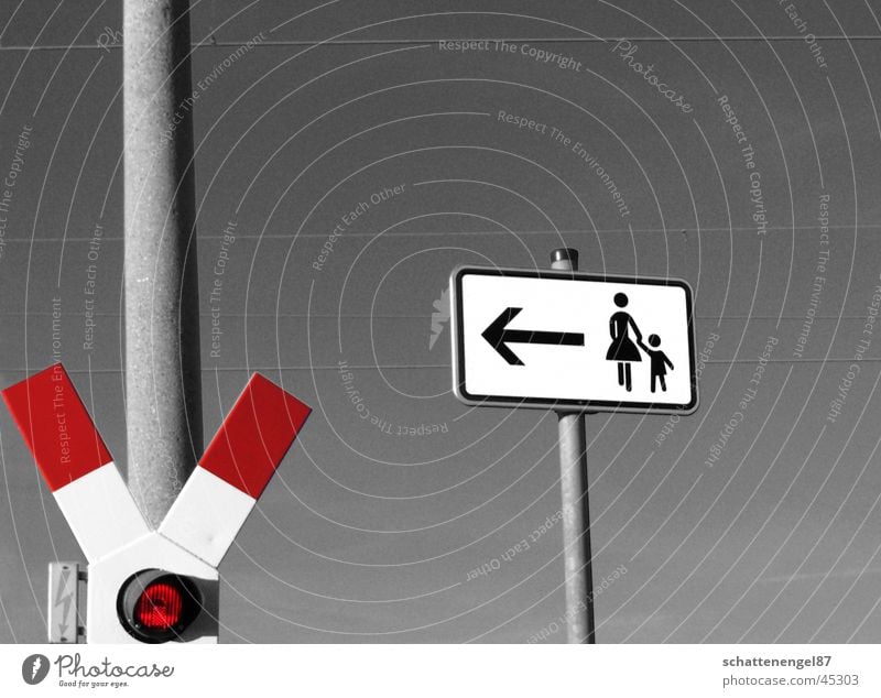 beacon Railroad crossing Woman Child Monochrome Red Signs and labeling gustufen Arrow Road marking