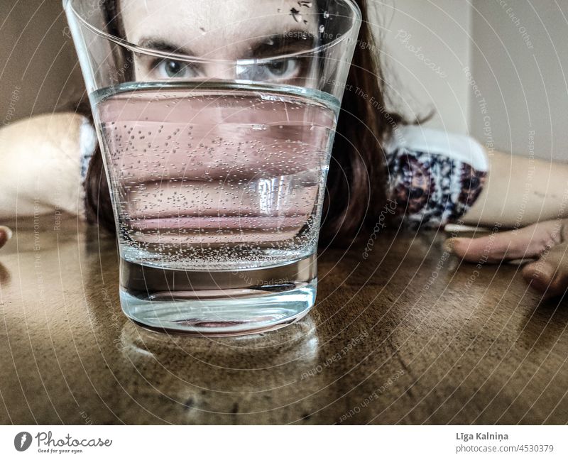 Face through water glass Woman Face of a woman Human being Adults Head 1 Young woman Mouth Lips Nose Water Glass