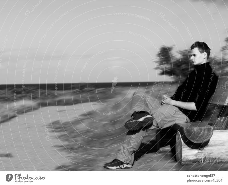 lost in thought. Think Thought Motion blur Gray scale value Black Man Vacation & Travel ponder Movement Baltic Sea Lanes & trails Water Sky Bench