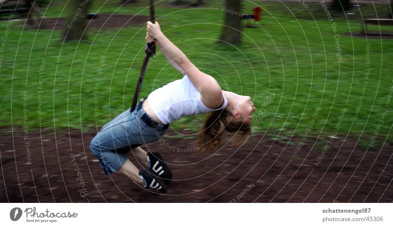 *speed* Speed Green Brown Playground Swing To enjoy Hang Footwear Woman Human being Hair and hairstyles Arm Bent