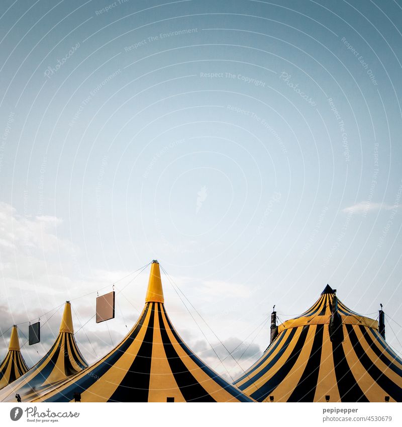 Tent City camping Tents circus Exterior shot Summer Sky Stripe black-yellow Black Yellow Circus Entertainment Fairs & Carnivals Shows Deserted Circus tent Event
