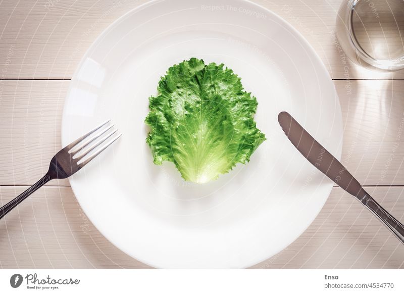 Green lettuce leaf on a plate, fork, knife, glass of water - strict diet concept dieting table top healthy eating mono diet weight loss food fitness slimming