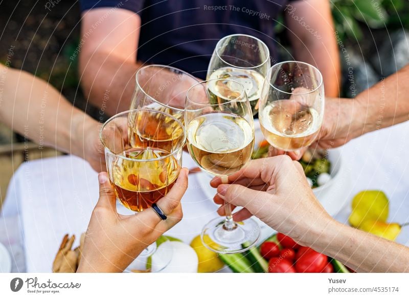 Happy family having dinner at the summer garden party and clinking drinks. People say toast and drink. Festive family dinner in the backyard. Male and female hands holding glasses of wine. Lifestyle