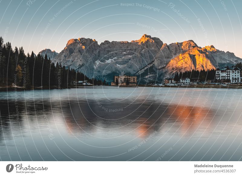 Sunrise at the Misurina lake behind the medical clinic Pio Xll Lake Misurina Lago di Misurina Dolomites Belluno Veneto Italy Europe sunrise misurina