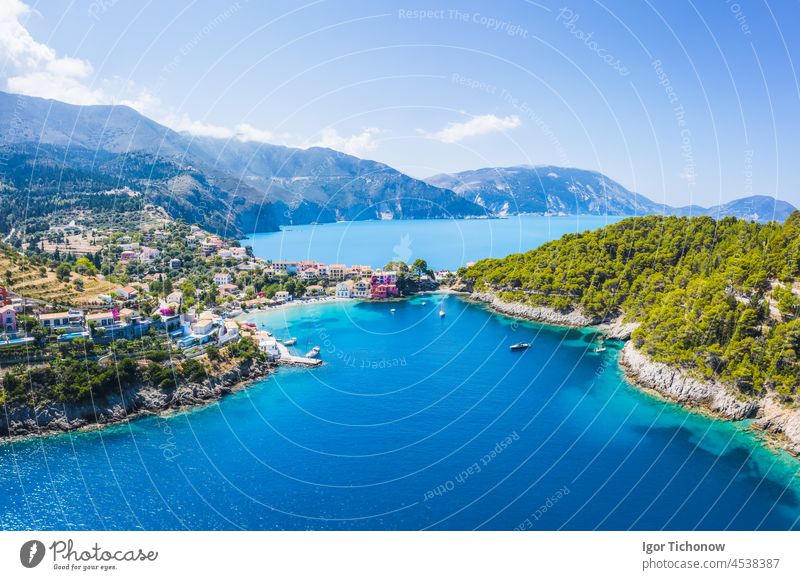 Aerial panoramic view of Assos village of Cefalonia island, Greece. Travel summer vocation concept greece aerial ionian cefalonia assos drone colorful beautiful