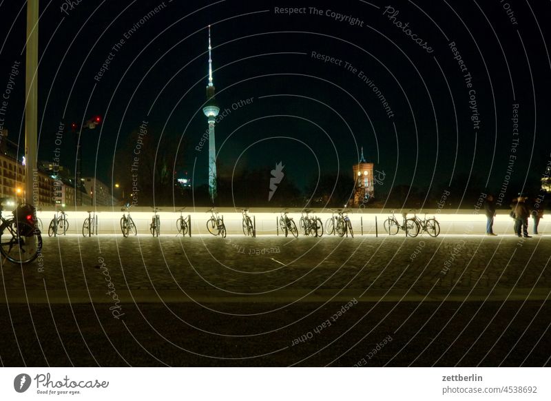 Bicycle racks at the Humboldtforum, TV tower and Red Town Hall as an encore Evening alex Alexanderplatz Architecture Berlin berlin castle Office city Germany