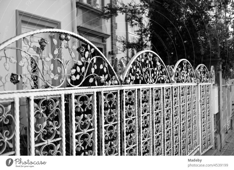 Artistic fence made of wrought iron in art nouveau style in front of the front garden of an old villa in the Westend of Frankfurt am Main in Hesse, photographed in neo-realistic black and white