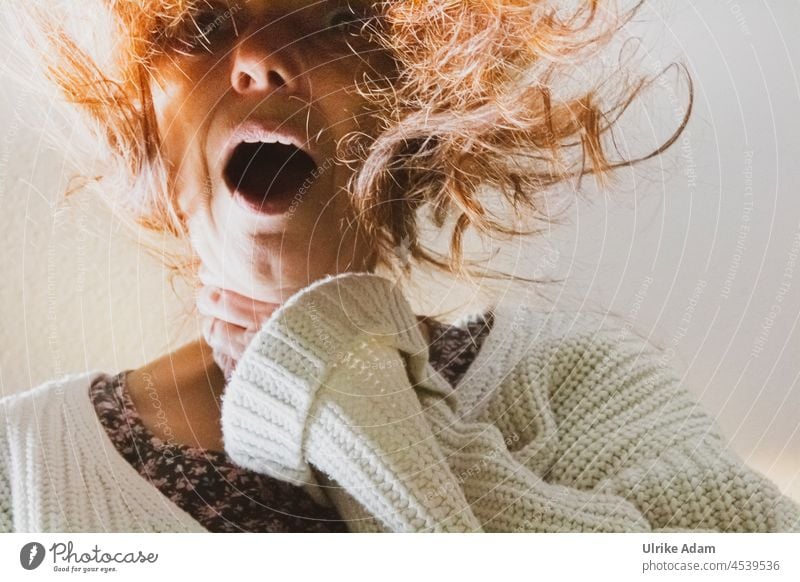 Oh fright 😀 Woman with long wild red hair and open mouth, grabs her neck Threat Crazy Scream Rebellious Emotions Feminine Head Grouchy Frustration Adults Stress