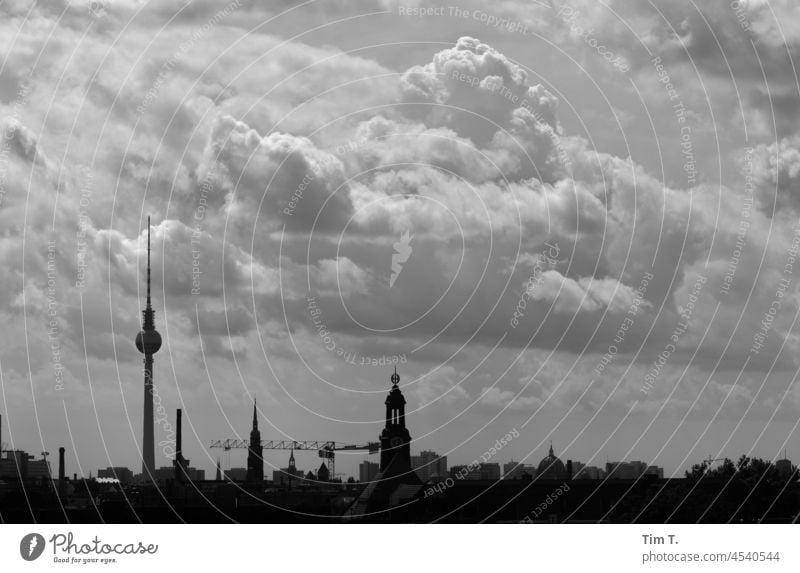 Skyline Berlin Prenzlauer Berg b/w Television tower Town Downtown Capital city Exterior shot Deserted Day Black & white photo Old town Manmade structures