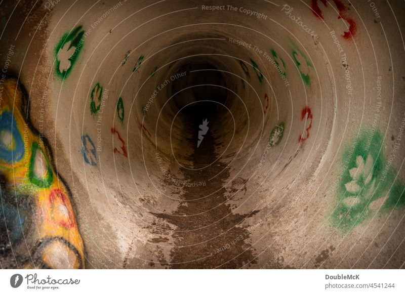 Painted sewer serves as playground Sewer Underpass Playground Drainage system Channel Exterior shot Colour photo Water Effluent Deserted Round tube Concrete