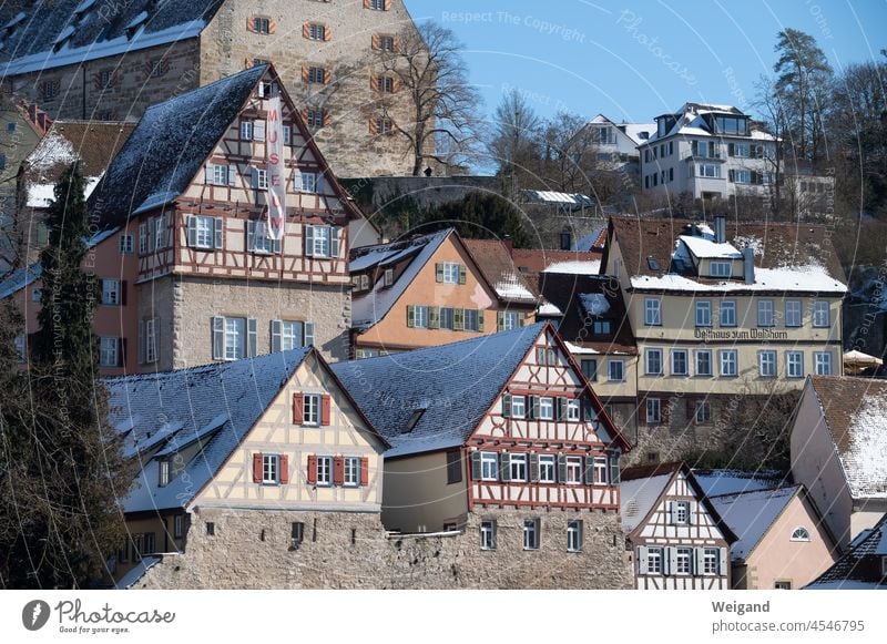 Schwäbisch Hall half-timbered houses in winter Winter Snow medieval Hohenlohe Sun Window
