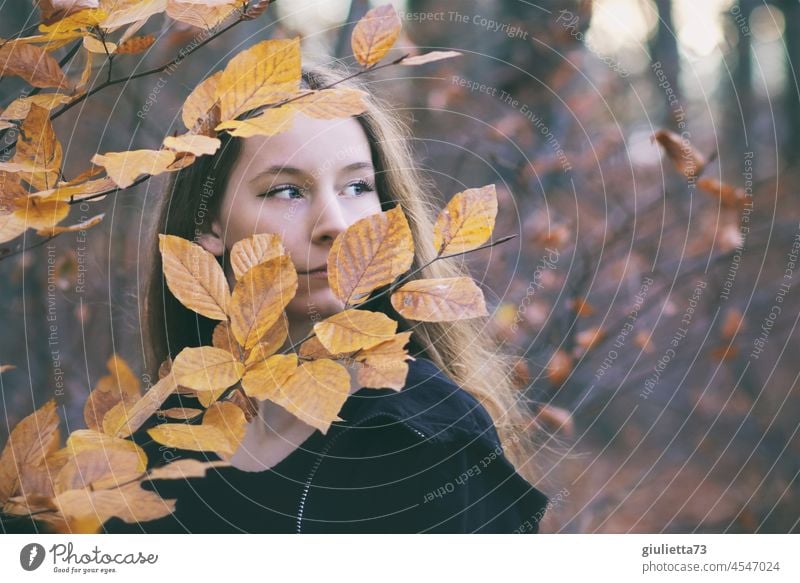 Portrait of teenage girl in autumn forest portrait Autumn Forest leaves Autumnal Autumn leaves autumn colours autumn mood Youth (Young adults) Young woman Girl