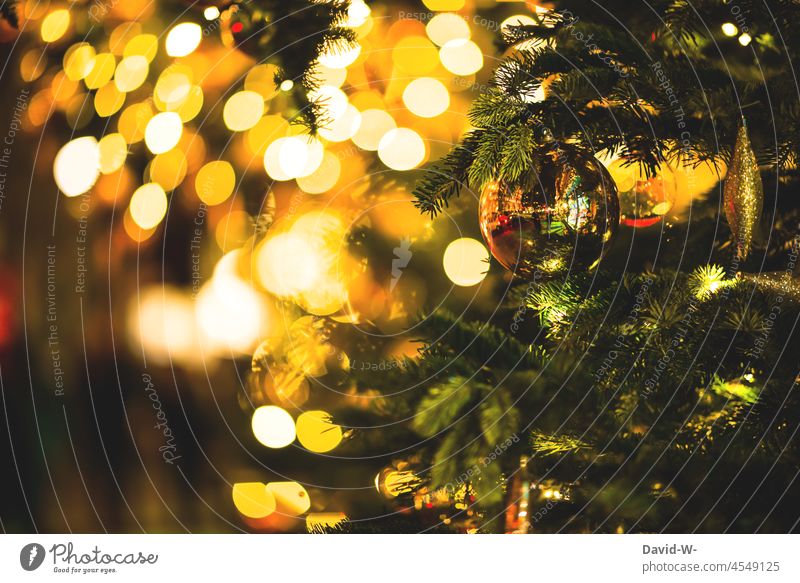 Christmas tree ball at a fir tree with many shining lights of a lichterette Fairy lights Illuminate Glitter Ball Light chains splendour bokeh enchanting