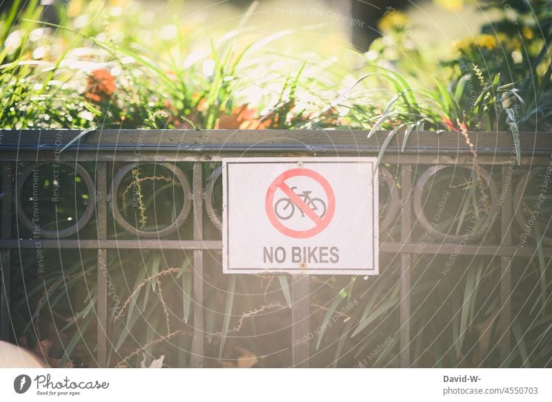 Bicycles prohibited sign bicycles forbidden Americas American Prohibition sign Signage Fence interdiction Bans Warning sign