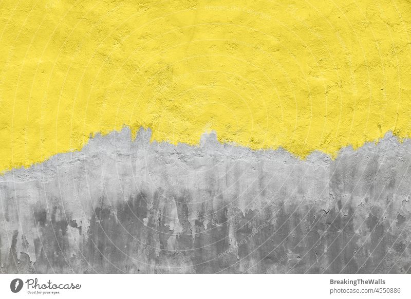 Weathered yellow painted gray concrete wall Wall plaster grey old dirty stain lime defects weatherstains runs sag brushed cement background texture material