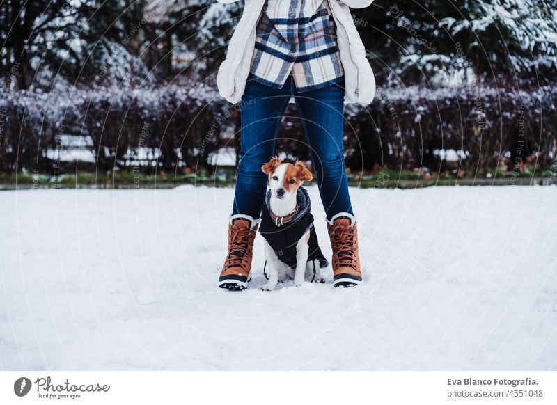 close up of happy woman wearing face mask in snowy landscape standing with cute jack russell dog during winter playing jump fun love together togetherness games
