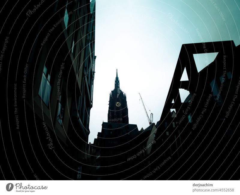 View from the Römer, the syline of the Frankfurt cathedral with the houses next to it in the evening sky, and building crane. Dome Architecture Colour photo